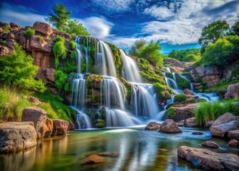 Naklejka premium Stunning Wichita Falls Waterfall Cascading Over Rocks Surrounded by Lush Green Vegetation in Texas