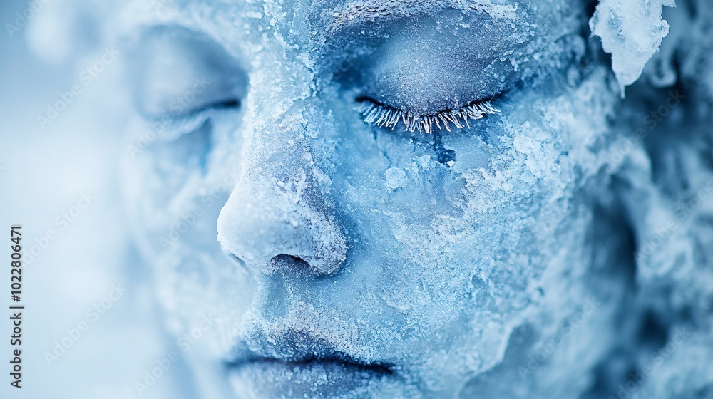 Poster close-up of a face submerged in icy water with blue veins showing and eyes closed stock photo with s