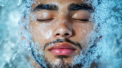 Close-up of a face submerged in icy water with blue veins showing and eyes closed Stock Photo with side copy space