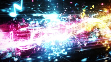 A vibrant illustration of musical notes and waves in bright colors, symbolizing creativity and rhythm.