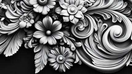 Artwork featuring ornate designs in contrasting black and white hues