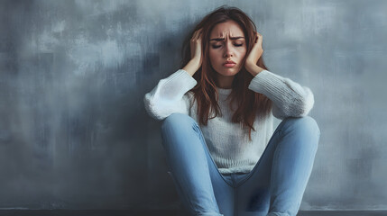 Fototapeta premium Young Woman sitting on floor in depression. Emotional and Psychological Pain