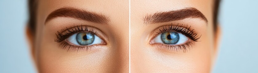 Obraz premium Closeup Of Beautiful Woman s Eyes Before And After Eyebrow Makeup
