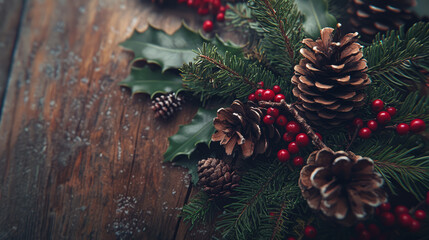 A rustic Christmas setting with pine cones, holly berries, and sprigs of pine arranged on a wooden table.