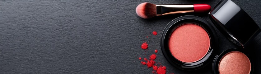 Fototapeta premium Makeup Essentials on Black Background Blush Brush Lipstick and Eyeshadow