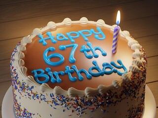 Happy 67th Birthday Cake with Candle Flame