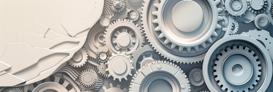A streamlined background of abstract gears and cogwheels in grey and white, symbolizing precision engineering.