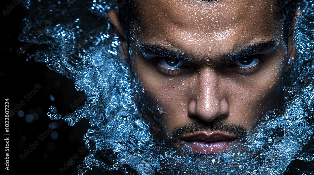 Poster Man taking a deep breath in a cold water tub with facial expression of intense focus Stock Photo with side copy space