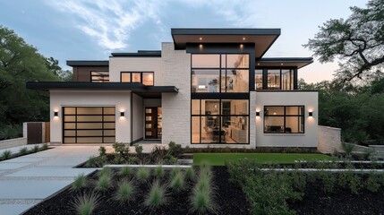 Fototapeta premium Modern two-story house with large windows, minimalist landscaping, and evening lighting. The facade features a combination of wood and stone elements.
