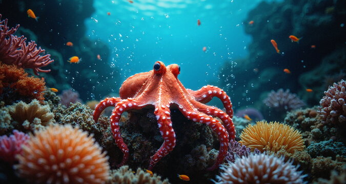 Podwodny świat raf koralowych. Grafika przedstawia bogactwo życia kryjące się w oceanach. Widzimy kolorowe rybki i stworzenia wodne. Na pierwszym planie znajduje się ośmiornica.