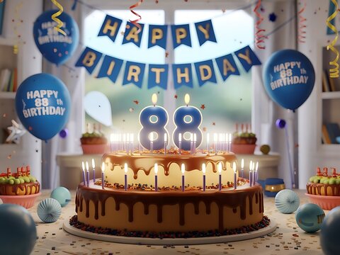 Happy 88th Birthday Cake with Blue Balloon Background