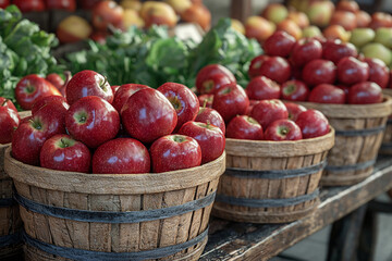 Fresh red apples in wooden baskets at a local market stall