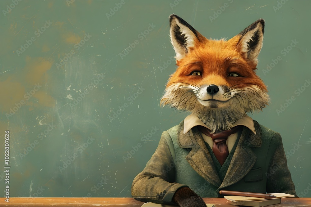 Poster surreal of smiling fox wearing teacher s outfit in classroom setting with space for text