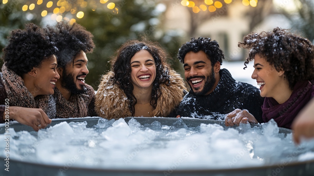 Poster friends laughing together while immersed in a large ice barrel in a snowy backyard stock photo with 