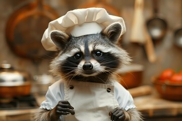 Cheerful Raccoon Chef in Surreal Culinary Kitchen Scene
