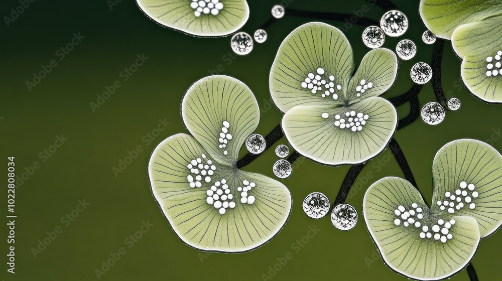 Poster close up of salvinia molesta with water droplets on its surface set against a green aquatic backgrou