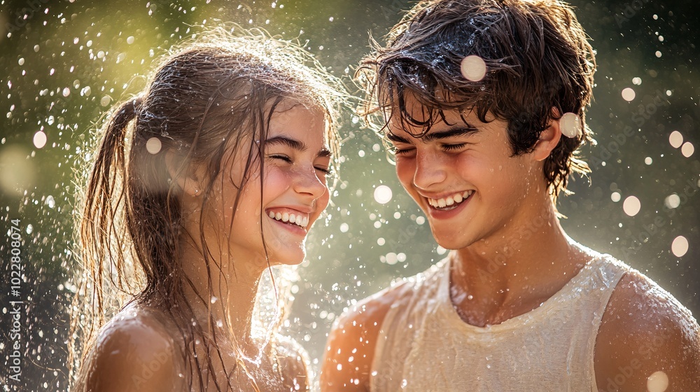 Poster couple playfully splashing ice water at each other in a romantic outdoor setting stock photo with si