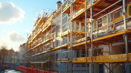 Fototapeta premium Construction site with scaffolding and building renovations underway.