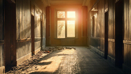 Fototapeta premium Interior of old empty hallway. Sun shining, broken windows, timeworn, abandoned residence.