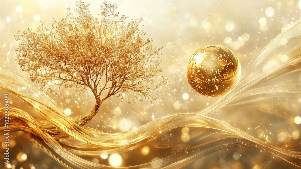 Poster 3d wallpaper mural featuring a golden tree with a golden sphere against an abstract light backdrop
