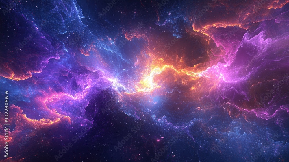 Poster Abstract fractal background featuring a fantastical textured design with chaotic patterns radiant flares and cosmic elements conveying luminosity and magic