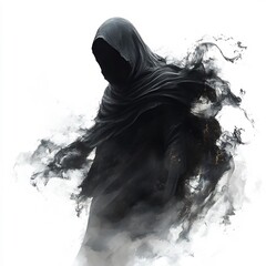 Fototapeta premium A faceless hooded wraith, with dark smoke trailing behind as it flies, on a white background