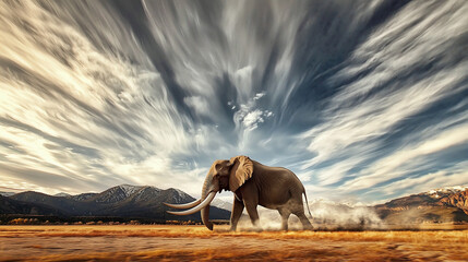 elephant standing in a desert oasis with glowing sands and radiant skies