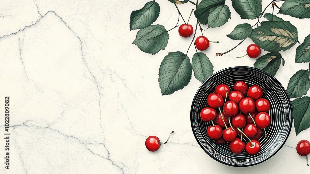 Poster bowl of fresh sweet cherries on marble surface top view with empty space