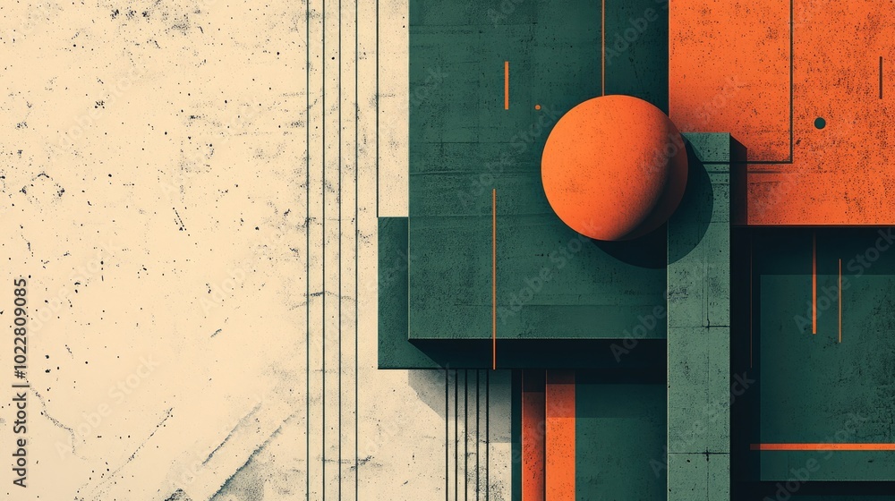 Poster Abstract Geometric 3D Architecture Header With Linear Design Elements Architectural Wireframe And Blueprint Drawing And Sketch With Retro Aged Look In Orange And Green Colors