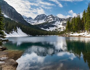 Naklejka premium Pristine Alpine Lake Nestled Between Rugged Snow-Capped Mountains, With Crystal Clear Waters Reflecting the Majestic Peaks and Pine Forests Surrounding the Shoreline