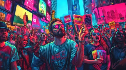 A vibrant protest scene in Times Square, showcasing passionate individuals advocating for change.