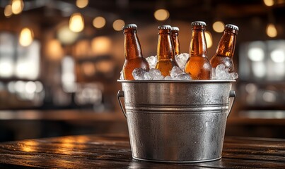 A metal bucket filled with ice and five bottles of beer on a wooden table in a dimly lit bar.