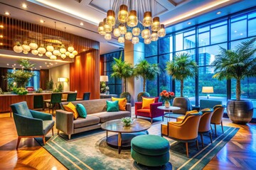 Fototapeta premium Stylish Hotel Reception Interior with Modern Decor, Elegant Lighting, and Comfortable Seating Area
