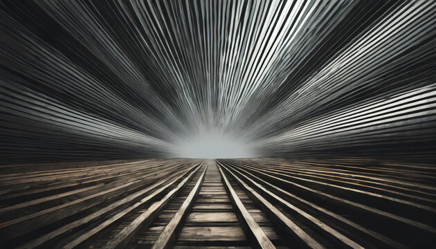 Converging wooden railway tracks lead towards a misty horizon on an overcast day in a secluded rural area - Powered by Adobe