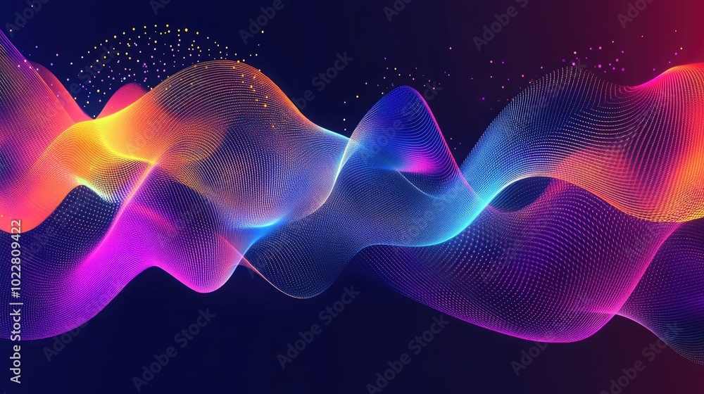 Poster Colorful Abstract 3D Digital Wave With Light Effects And Flowing Multicolored Lines Concept Of Data Transfer Cloud Computing Technology Science Sound Visualization And Music