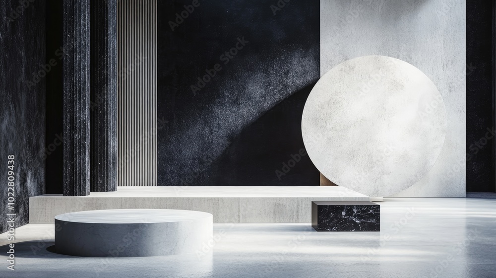 Aufkleber 3D rendering studio featuring geometric shapes and a podium on the floor providing platforms for product display in a mock up background Abstract composition with a minimalist design