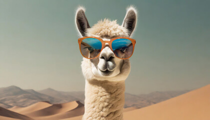 Obraz premium A stylish llama with sunglasses posing in a sunlit desert landscape under a clear sky during daytime