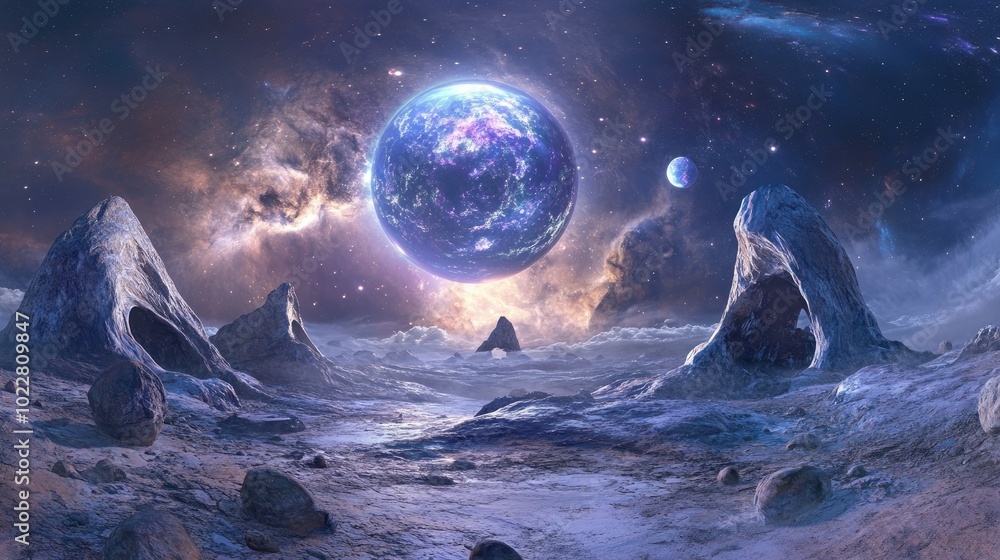 Poster 360 degree equirectangular space background featuring nebulae and stars serving as an environment map HDRI spherical panorama 3D illustration