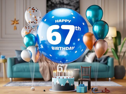 Fun 67th Birthday Cake with Balloons and Candles