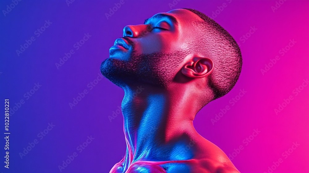 Poster body details showing muscles tensing and veins popping due to cold immersion stock photo with side c
