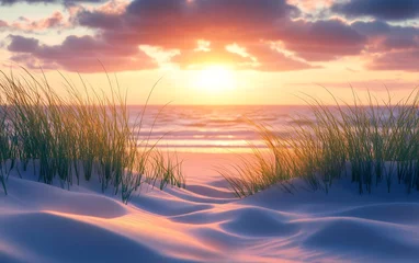 Papier peint photo Le salon A picturesque sunset over the ocean, captured through the framing of beach grass.  © GoDesigner