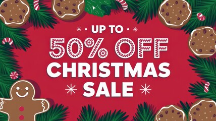 Christmas sale banner with cookies and festive decorations on a red background.