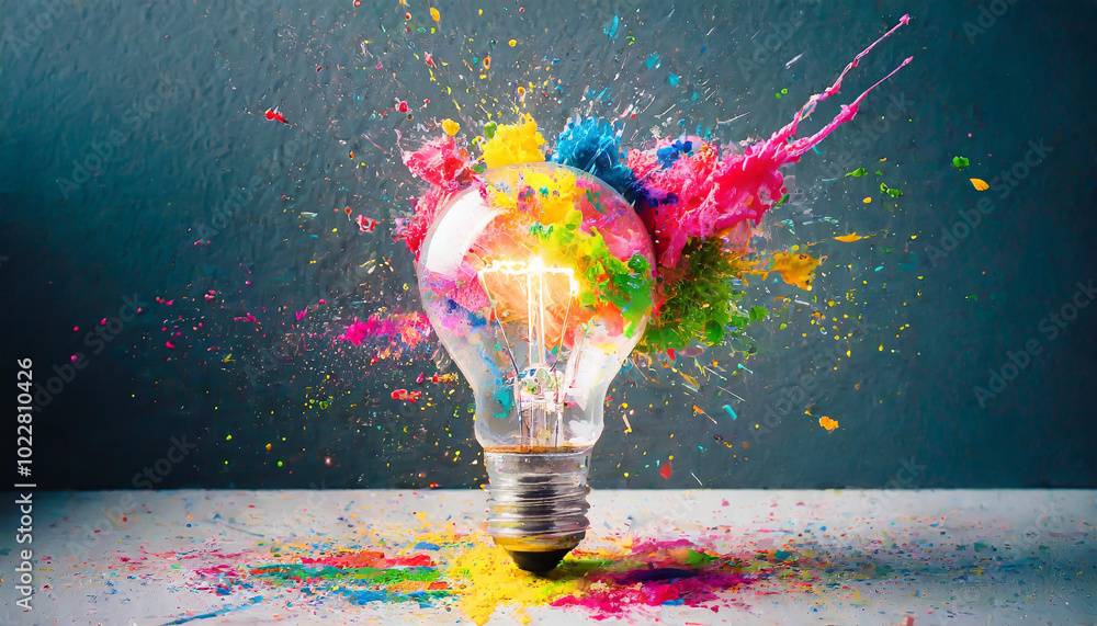 Poster a colorful explosion of paint surrounds a light bulb on a white surface, creating a vibrant artistic