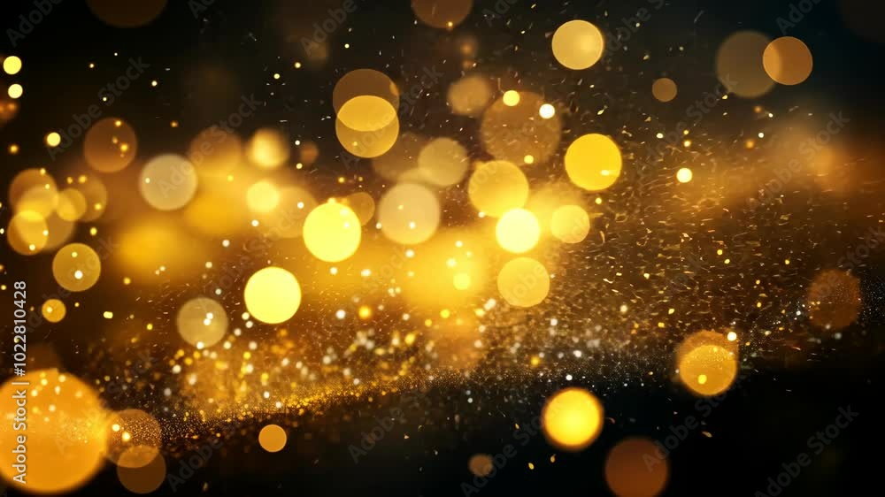 Poster golden bokeh lights and glitter create a sparkling effect against a black background