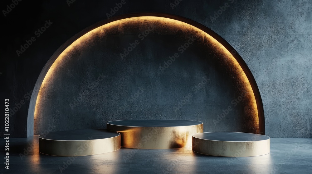 Aufkleber Abstract concept featuring three circular pedestals arranged in a minimalist space with dark tones designed for showcasing products on a golden platform 3D render