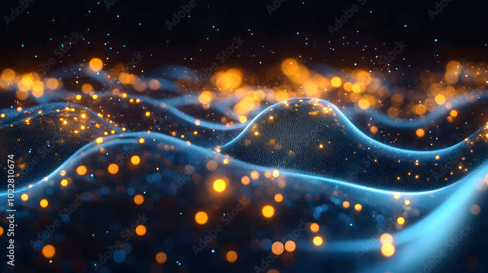 Poster a computer generated image of a wave of blue and gold lights on a black background with a black back