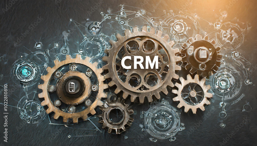 Poster gears representing customer relationship management concept with interconnected elements on a dark b
