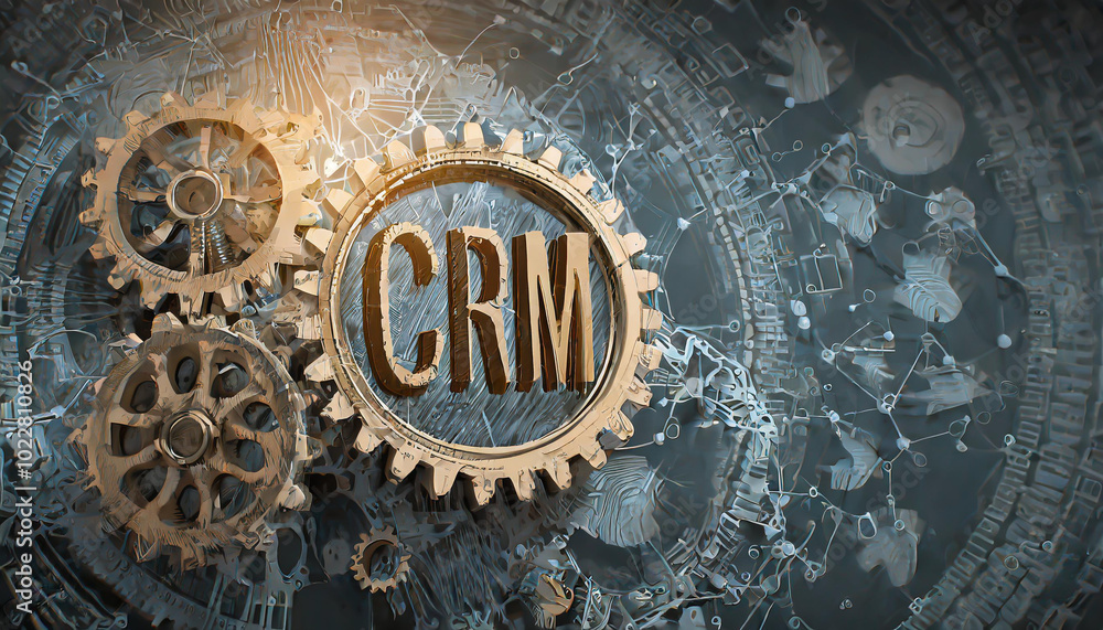 Poster gears turning with crm concept symbolizing integration of technology and customer management solutio