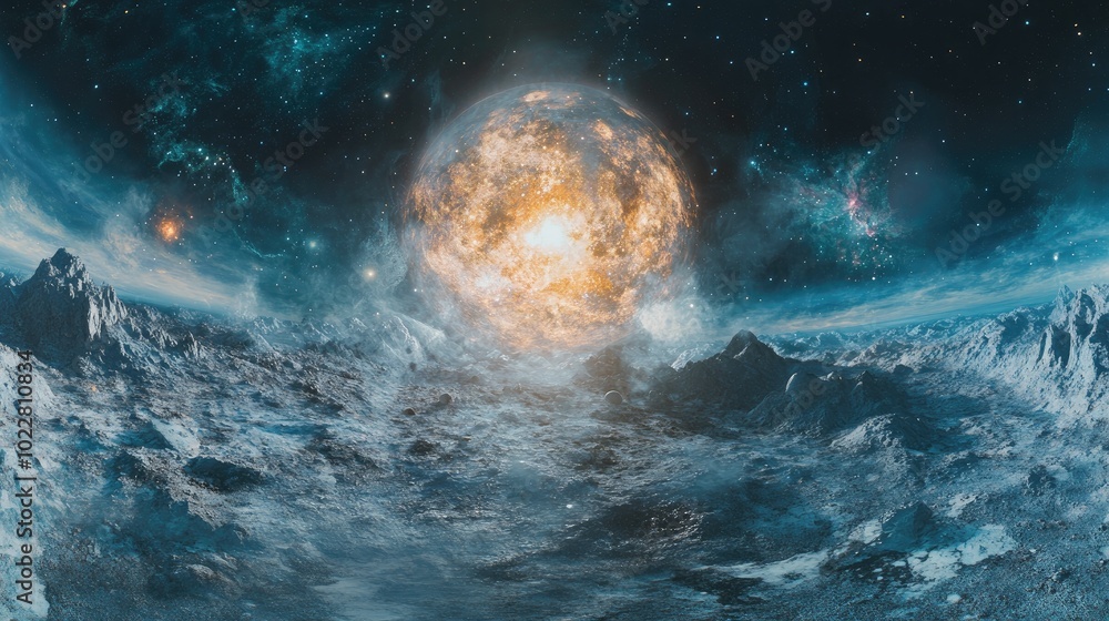 Aufkleber 360 degree equirectangular space background featuring nebulae and stars serving as an environment map HDRI spherical panorama 3D illustration
