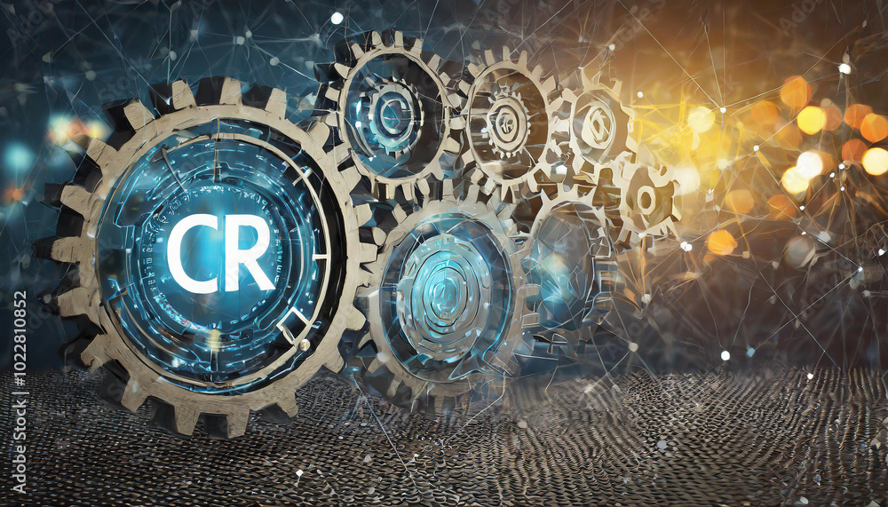Poster digital representation of interlocking gears with a blue glow, symbolizing technology and innovation